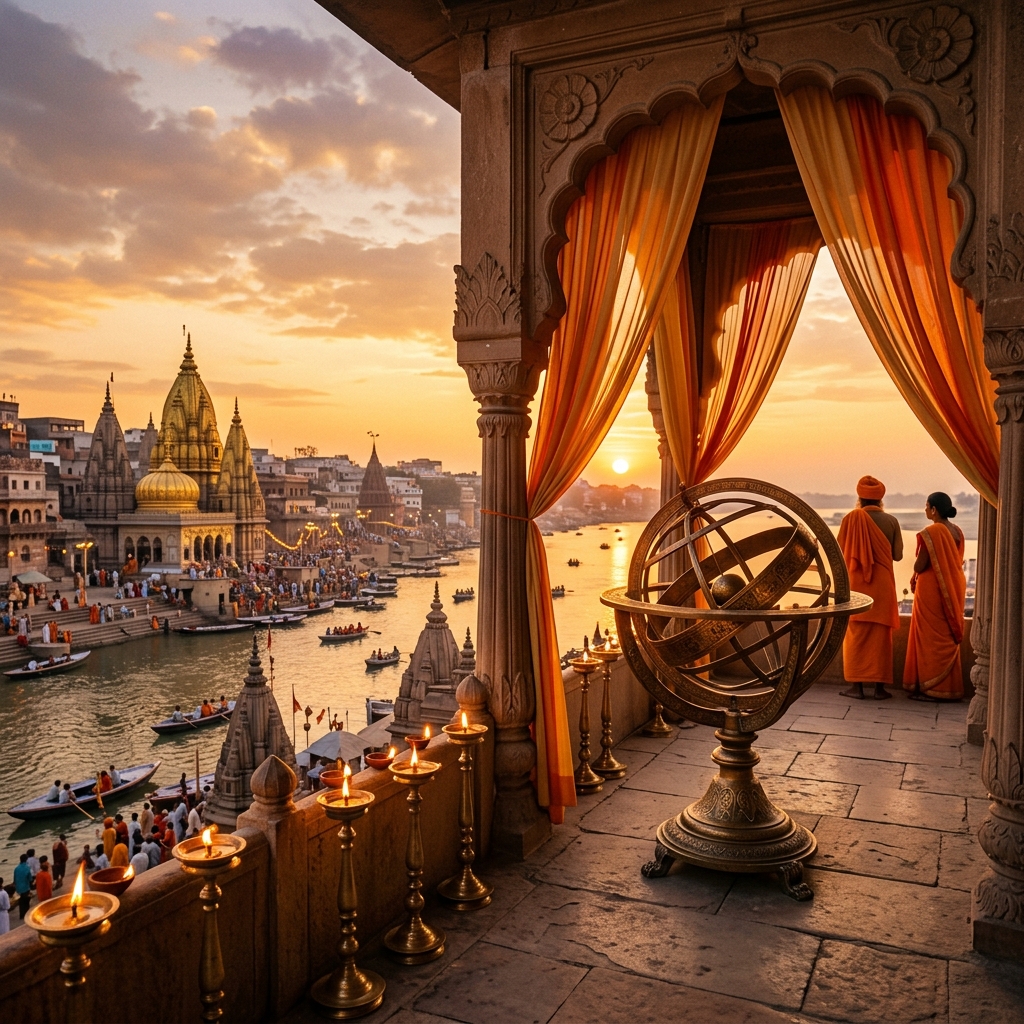 Sunset celestial observatory balcony overlooking temple spires and Varanasi river ghats