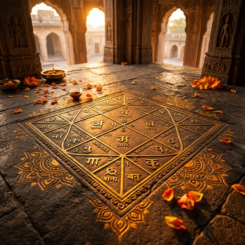 Kundali birth chart engraved in sandstone floor